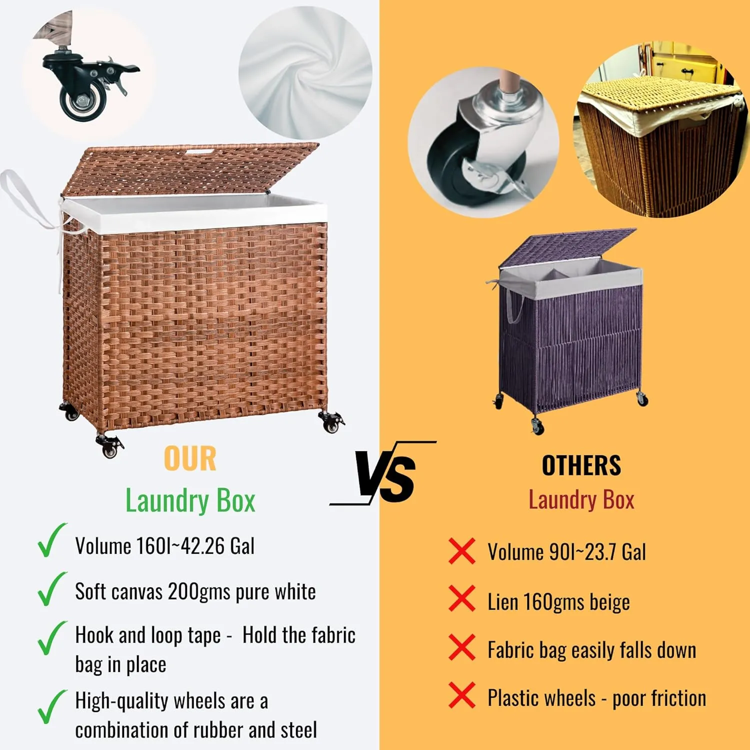 Laundry Hamper with Wheels, PE Wicker (42.3 Gallon) 160L Removable Liner Bag, Rolling Synthetic Rattan Clothes Laundry Basket with Lid for Storage, ISO 9001 Certified, Brown