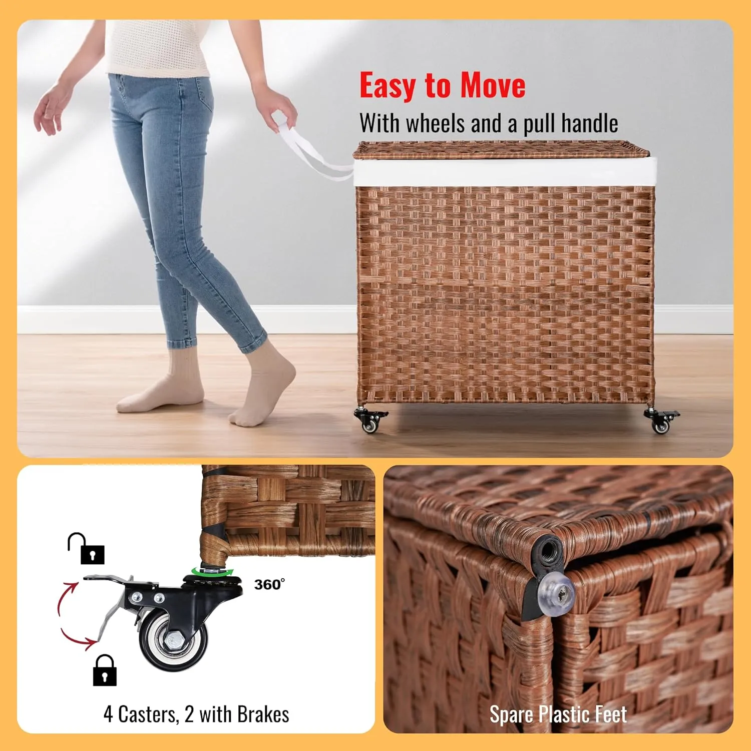 Laundry Hamper with Wheels, PE Wicker (42.3 Gallon) 160L Removable Liner Bag, Rolling Synthetic Rattan Clothes Laundry Basket with Lid for Storage, ISO 9001 Certified, Brown