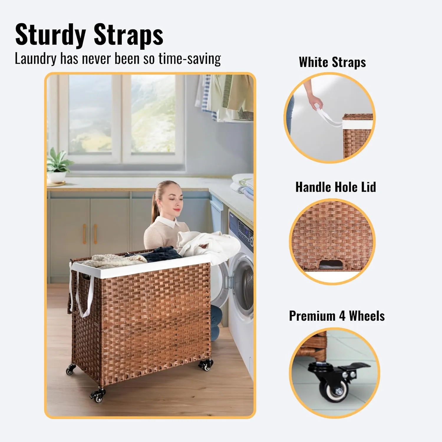Laundry Hamper with Wheels, PE Wicker (42.3 Gallon) 160L Removable Liner Bag, Rolling Synthetic Rattan Clothes Laundry Basket with Lid for Storage, ISO 9001 Certified, Brown