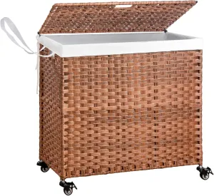 Laundry Hamper with Wheels, PE Wicker (42.3 Gallon) 160L Removable Liner Bag, Rolling Synthetic Rattan Clothes Laundry Basket with Lid for Storage, ISO 9001 Certified, Brown