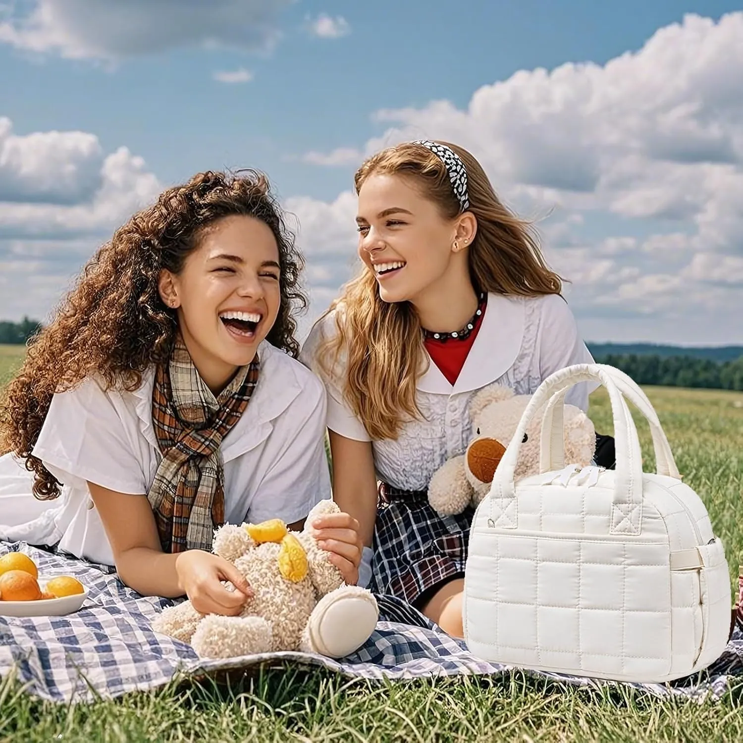LEDAOU Lunch Box for Women Lunch bag Quilted Puffer Lunch Box with adjustable strap Insulated Reusable LunchBox for Work School Picnic Travel