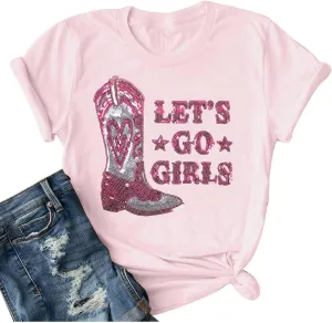 Let's Go Girl Shirt Women Western Bleached T-Shirt Retro Country Music Tee Shirt Cowgirls Shirts Short Sleeve Tops