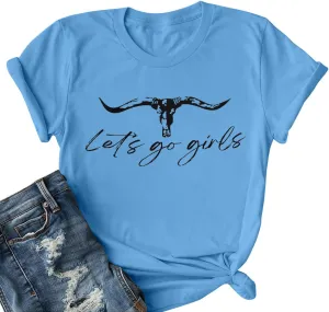 Let's Go Girl Shirt Women Western Bleached T-Shirt Retro Country Music Tee Shirt Cowgirls Shirts Short Sleeve Tops