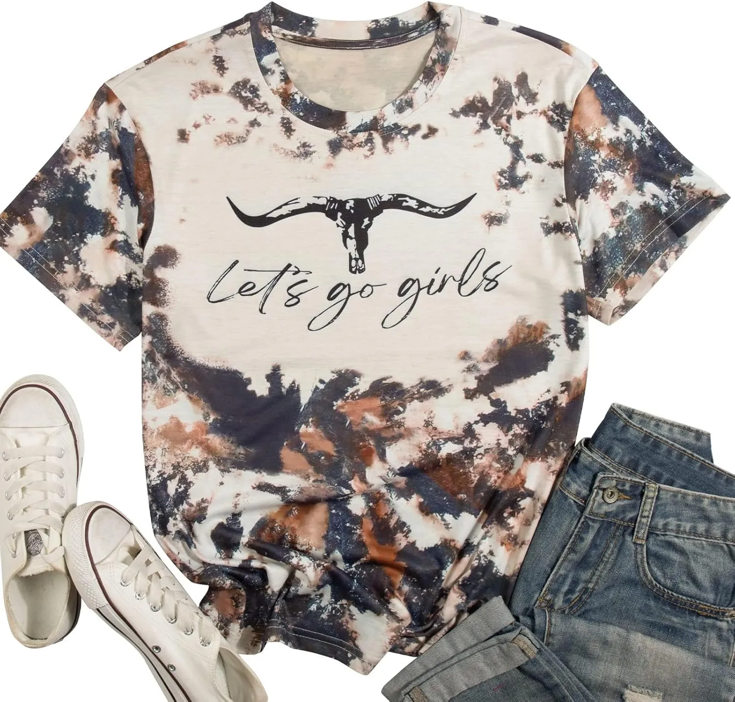 Let's Go Girl Shirt Women Western Bleached T-Shirt Retro Country Music Tee Shirt Cowgirls Shirts Short Sleeve Tops