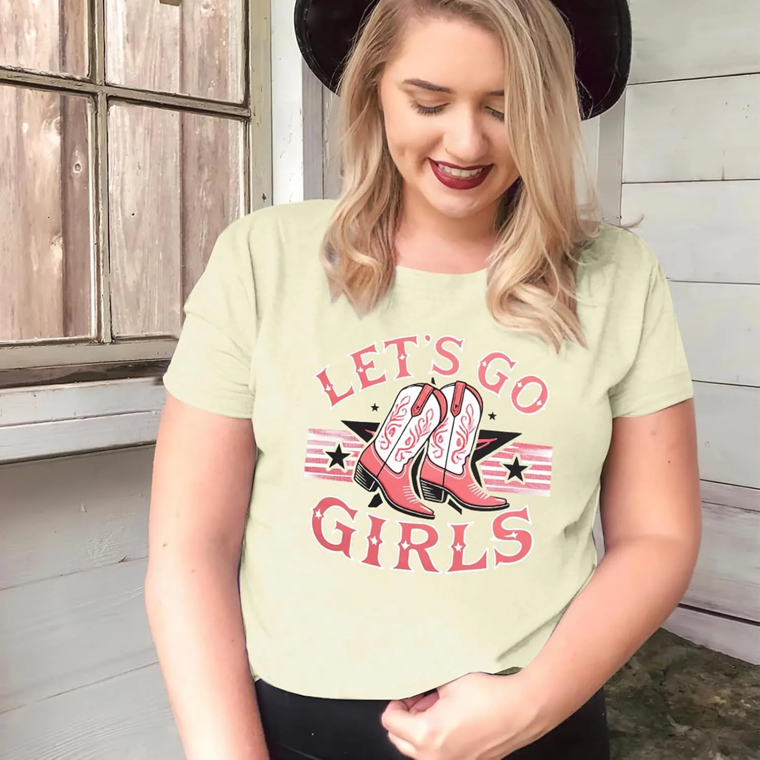 Let's Go Girl Shirt Women Western Bleached T-Shirt Retro Country Music Tee Shirt Cowgirls Shirts Short Sleeve Tops