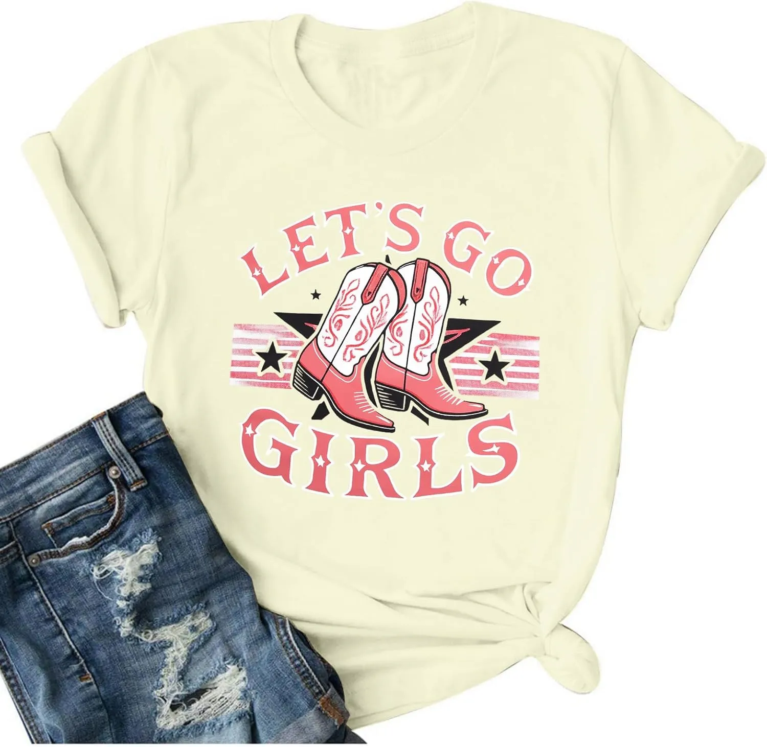 Let's Go Girl Shirt Women Western Bleached T-Shirt Retro Country Music Tee Shirt Cowgirls Shirts Short Sleeve Tops