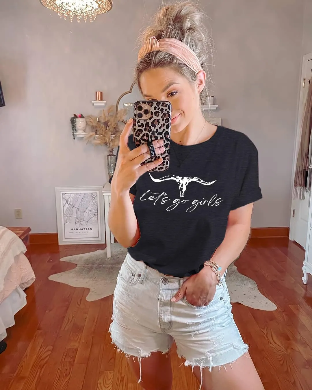 Let's Go Girl Shirt Women Western Bleached T-Shirt Retro Country Music Tee Shirt Cowgirls Shirts Short Sleeve Tops