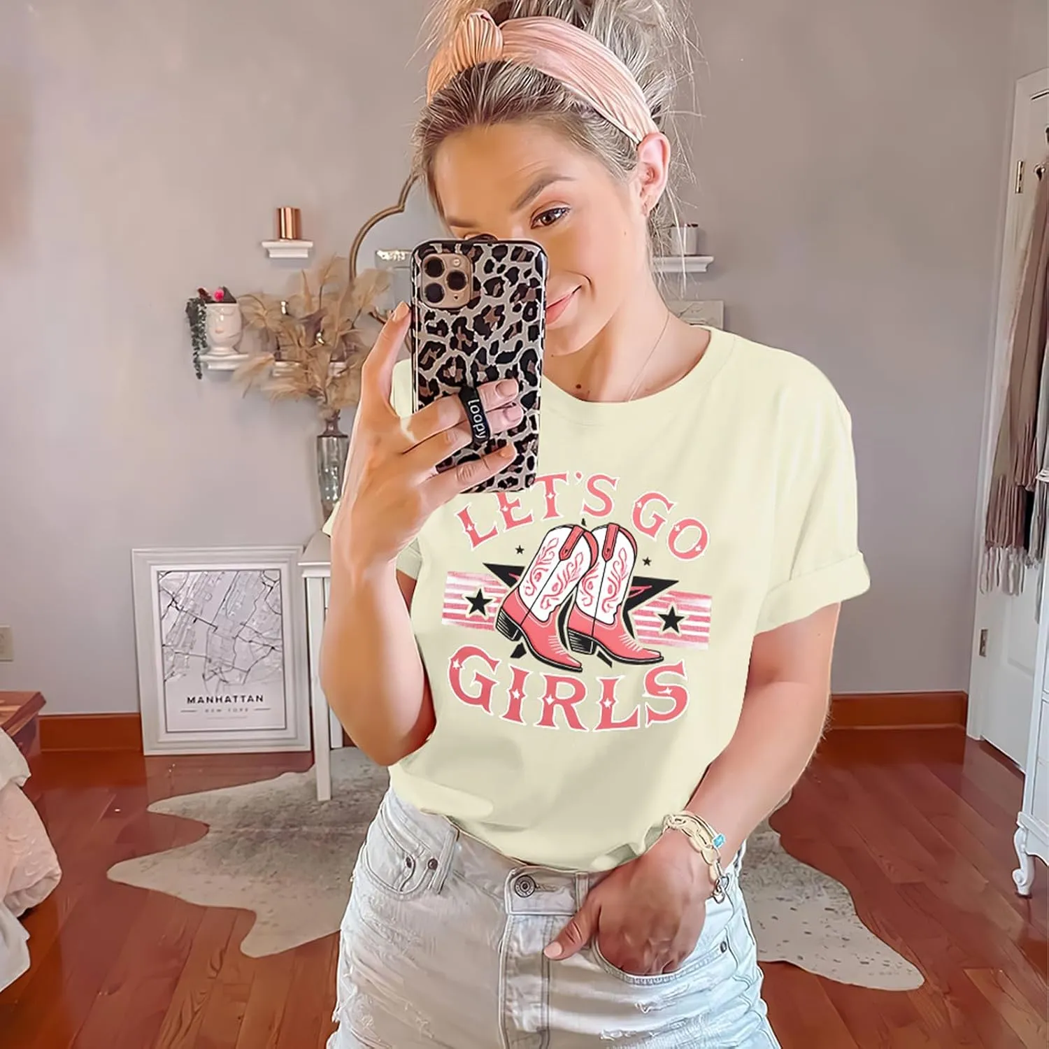 Let's Go Girl Shirt Women Western Bleached T-Shirt Retro Country Music Tee Shirt Cowgirls Shirts Short Sleeve Tops