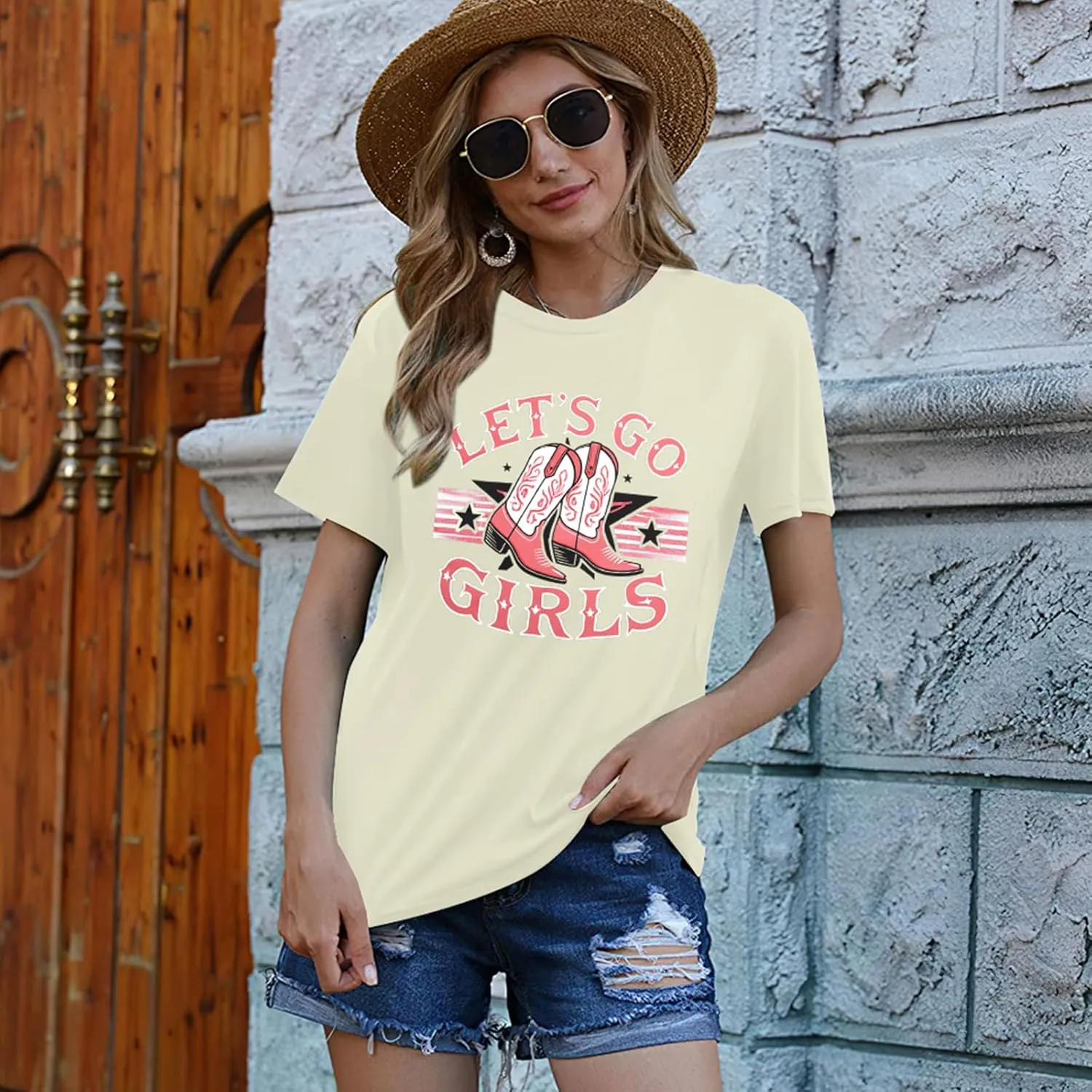 Let's Go Girl Shirt Women Western Bleached T-Shirt Retro Country Music Tee Shirt Cowgirls Shirts Short Sleeve Tops