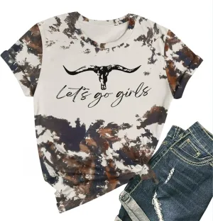 Let's Go Girls Cowgirl Shirt Western Cow Skull Country Music Shirts for Women Cute Rodeo Vintage Bleached Tees Tops