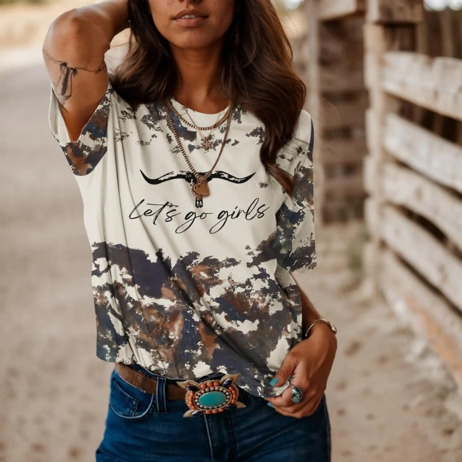Let's Go Girls Cowgirl Shirt Western Cow Skull Country Music Shirts for Women Cute Rodeo Vintage Bleached Tees Tops