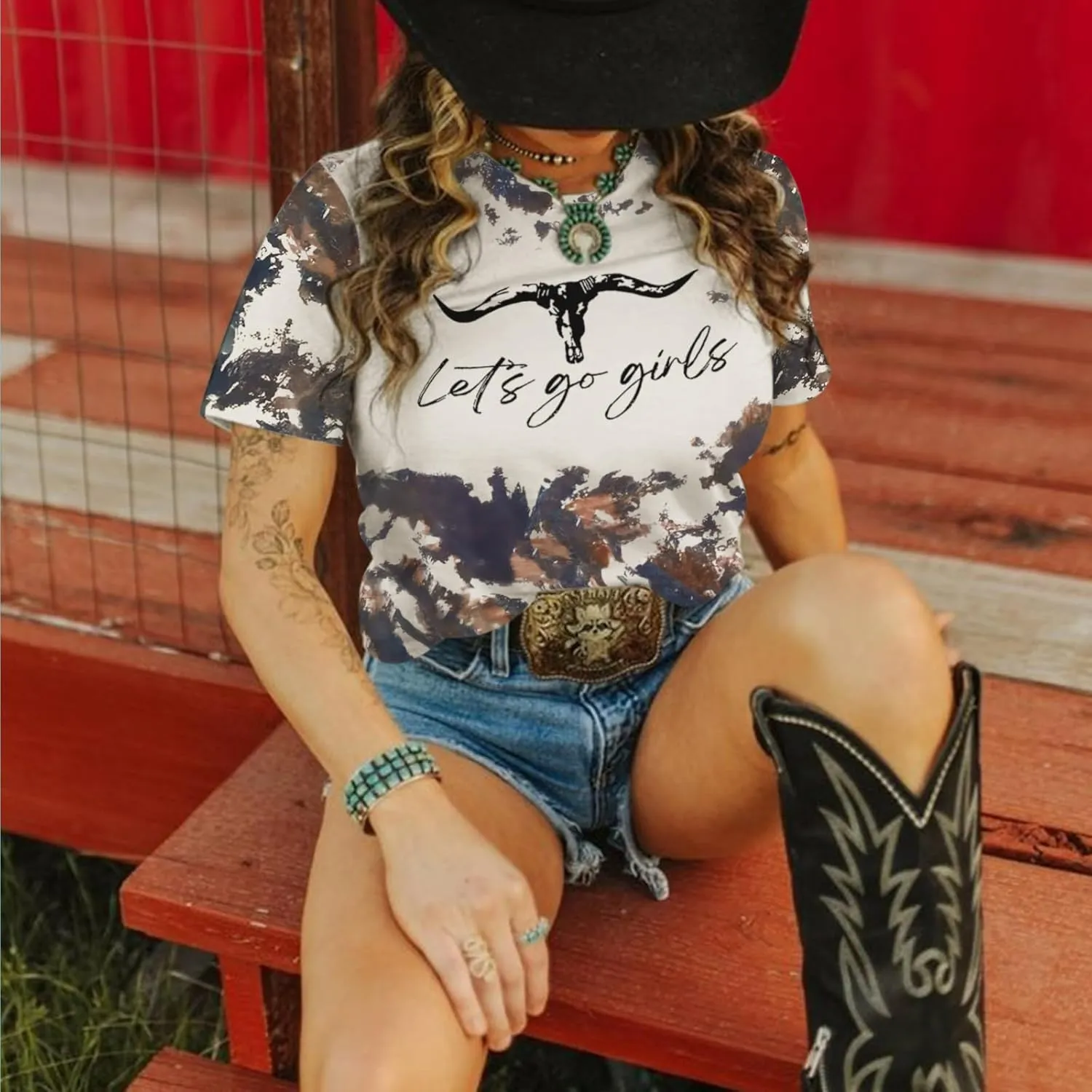 Let's Go Girls Cowgirl Shirt Western Cow Skull Country Music Shirts for Women Cute Rodeo Vintage Bleached Tees Tops