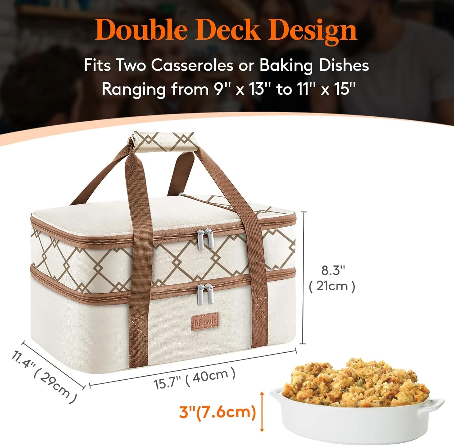 Lifewit Double Decker Insulated Casserole Carrier for Hot or Cold Food, Casserole Dish Bag Carrying Case, Lasagna Lugger Holder for Potluck/Parties/Picnic/Cookouts, Fits 9"x13" Baking Dish, Cream