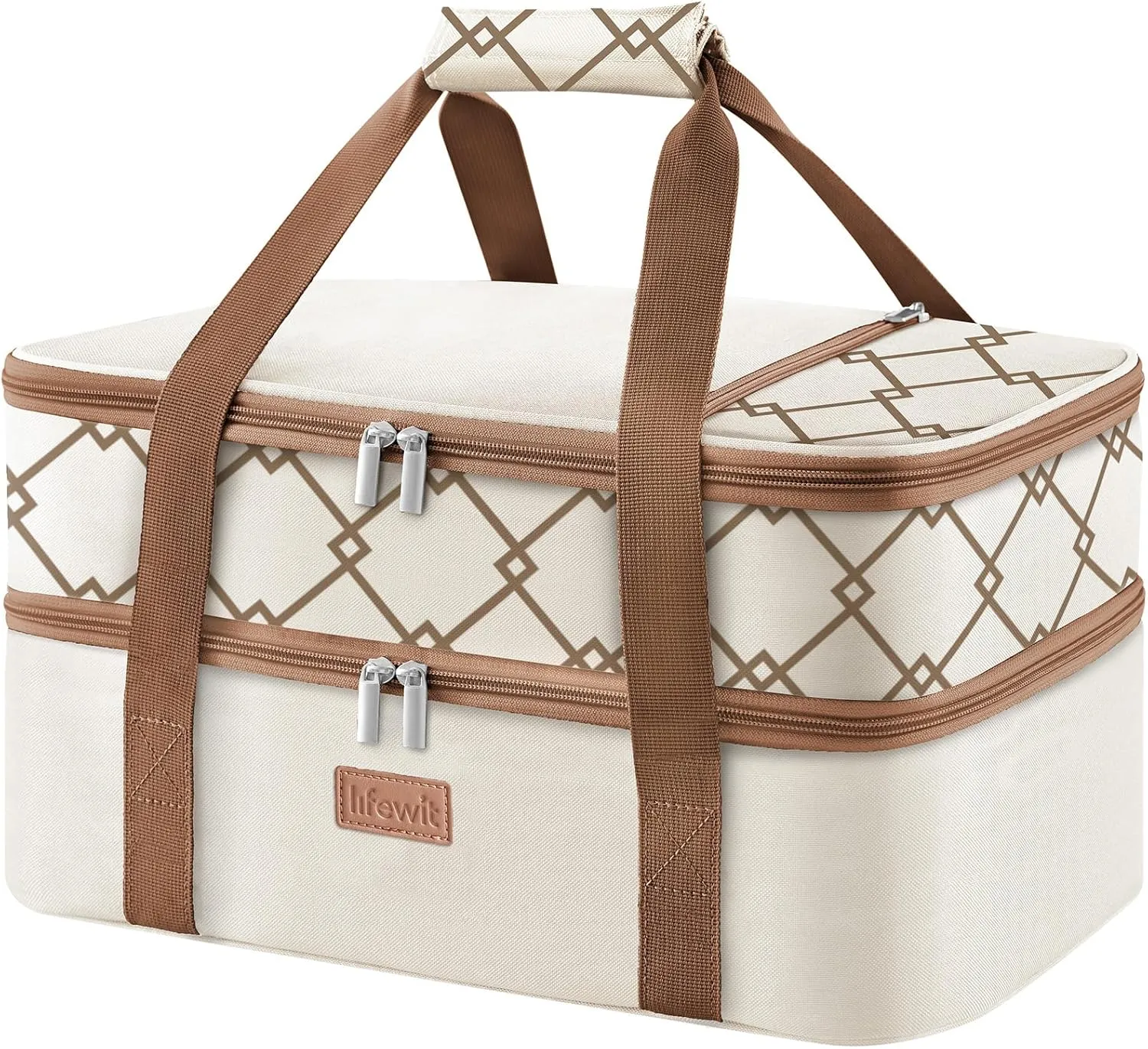 Lifewit Double Decker Insulated Casserole Carrier for Hot or Cold Food, Casserole Dish Bag Carrying Case, Lasagna Lugger Holder for Potluck/Parties/Picnic/Cookouts, Fits 9"x13" Baking Dish, Cream