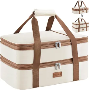 Lifewit Expandable Insulated Casserole Carrier for Hot or Cold Food, Double Decker Food Bag Lasagna Holder Carry Tote for Potluck Parties/Picnic/Cookouts, Fits 9"x13" Baking Dish, Cream