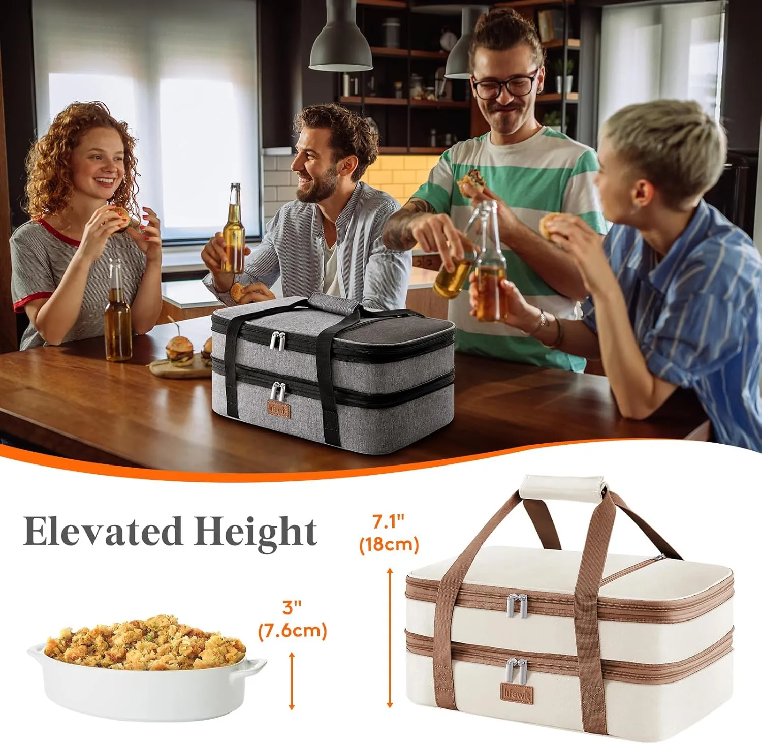 Lifewit Expandable Insulated Casserole Carrier for Hot or Cold Food, Double Decker Food Bag Lasagna Holder Carry Tote for Potluck Parties/Picnic/Cookouts, Fits 9"x13" Baking Dish, Cream