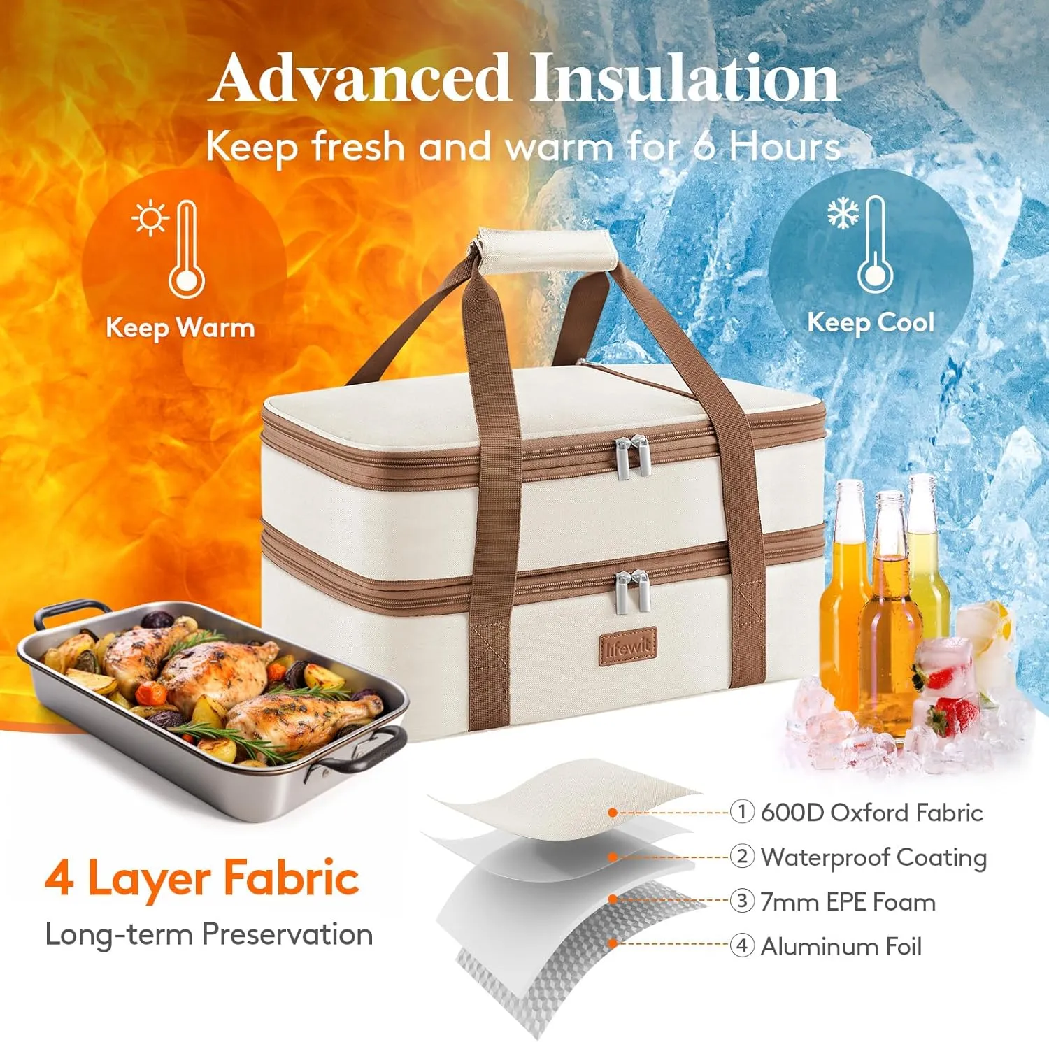 Lifewit Expandable Insulated Casserole Carrier for Hot or Cold Food, Double Decker Food Bag Lasagna Holder Carry Tote for Potluck Parties/Picnic/Cookouts, Fits 9"x13" Baking Dish, Cream