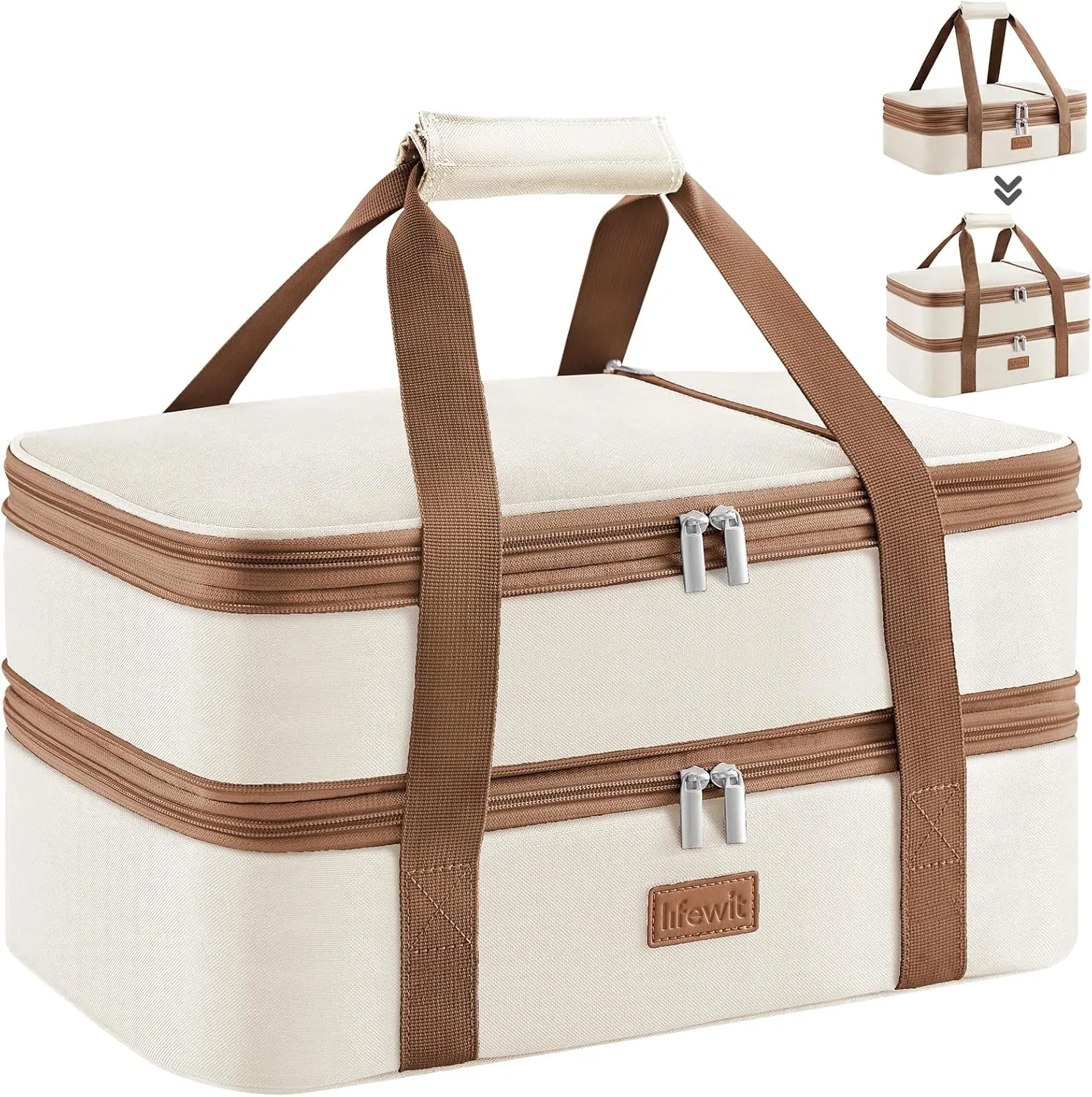 Lifewit Expandable Insulated Casserole Carrier for Hot or Cold Food, Double Decker Food Bag Lasagna Holder Carry Tote for Potluck Parties/Picnic/Cookouts, Fits 9"x13" Baking Dish, Cream