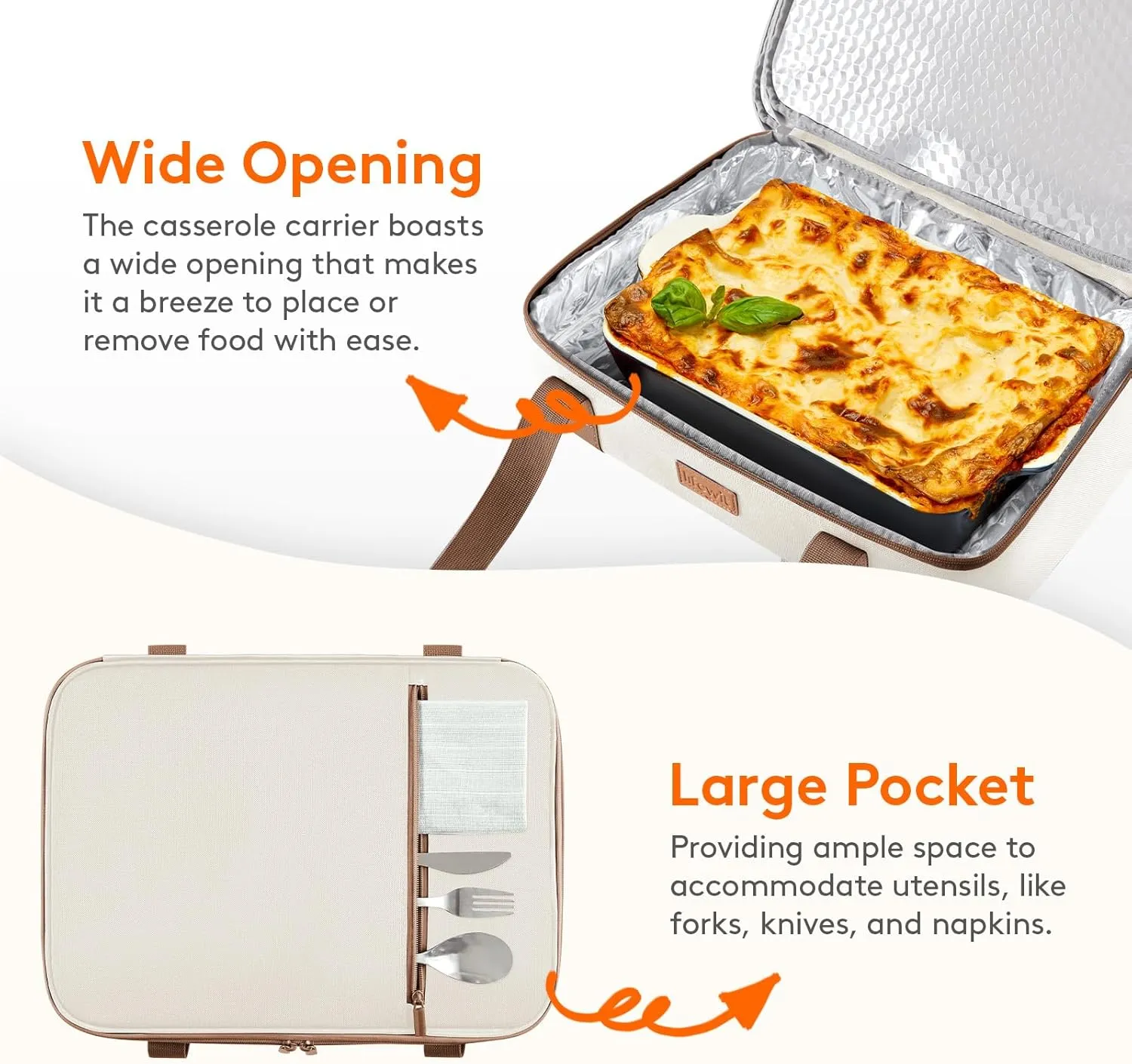 Lifewit Expandable Insulated Casserole Carrier for Hot or Cold Food, Double Decker Food Bag Lasagna Holder Carry Tote for Potluck Parties/Picnic/Cookouts, Fits 9"x13" Baking Dish, Cream