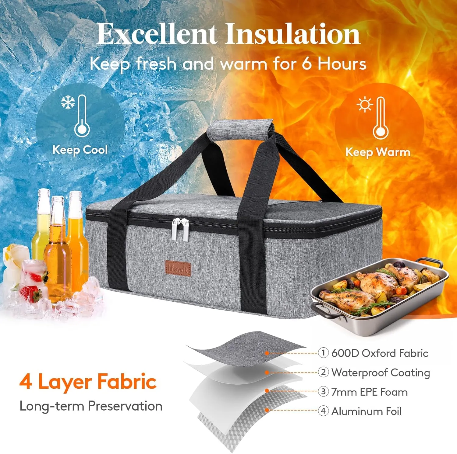 Lifewit Insulated Casserole Carrier for Hot or Cold Food, Casserole Dish Carrying Case, Lasagna Holder for Potluck Parties/Picnic/Cookouts, Fits 9"x13" Baking Dish, Grey