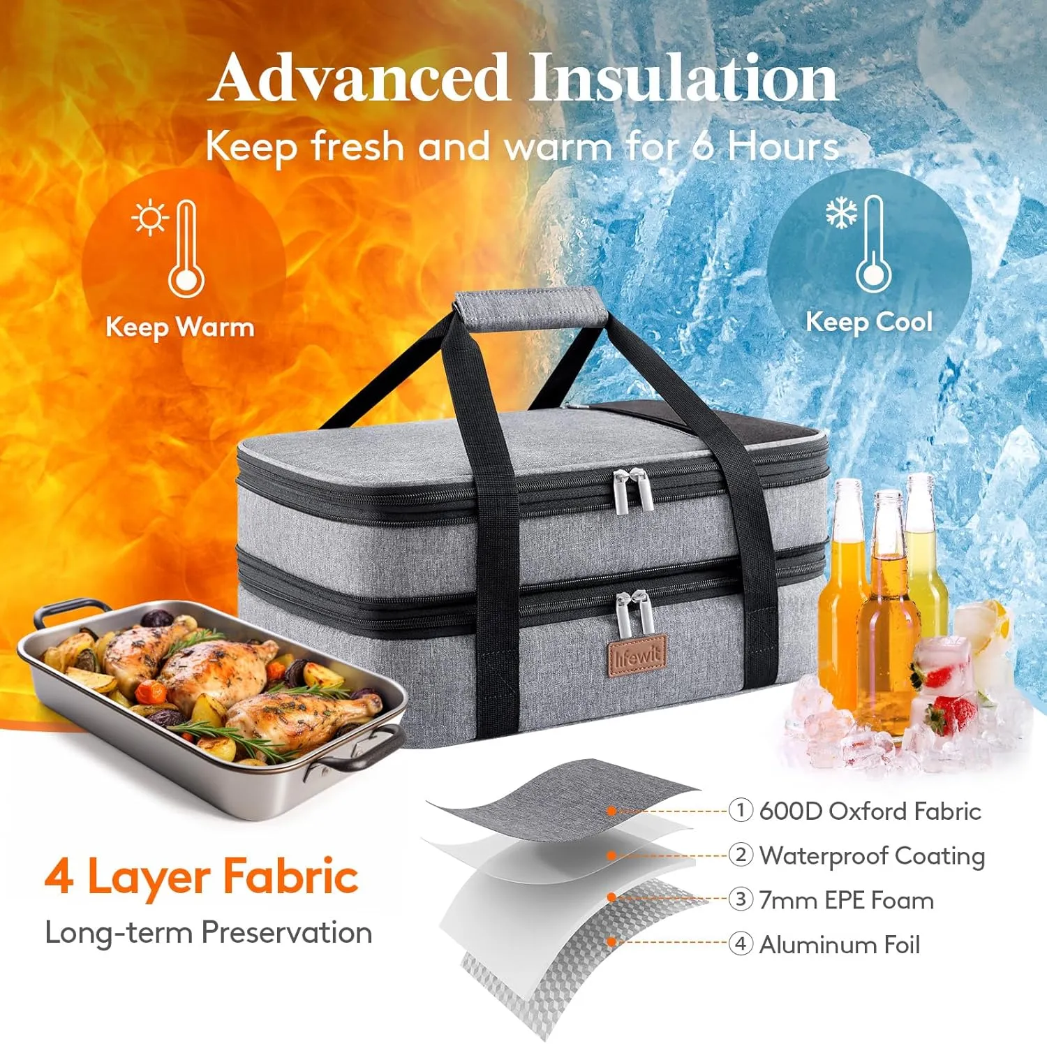 Lifewit Insulated Double Casserole Carrier Thermal Lunch Tote for Potluck Parties, Picnic, Beach, Fits 9 x 13 Inches Casserole Dish, Expandable by Mid Zipper, Grey