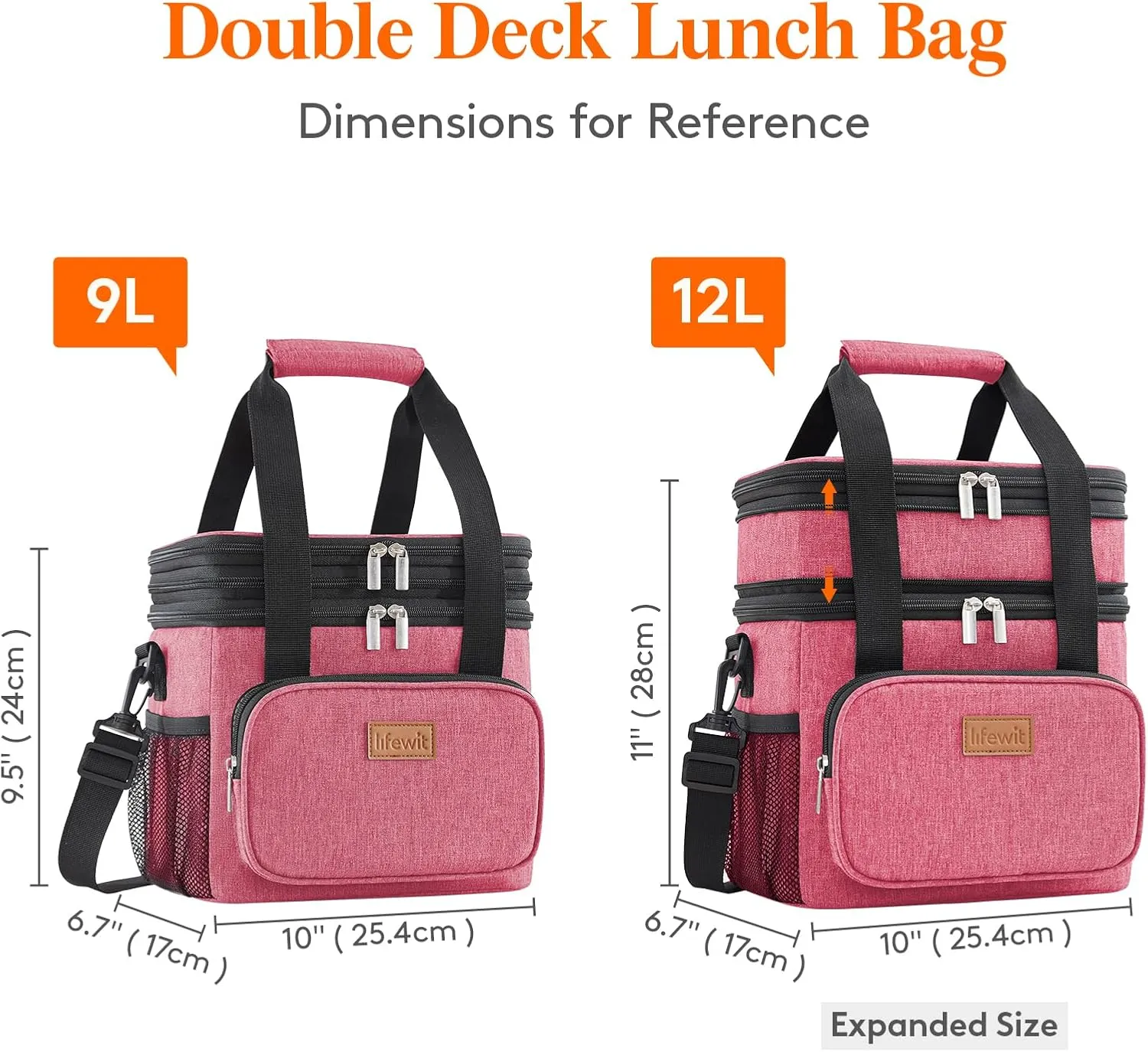 Lifewit Lunch Box for Men Women Double Deck Lunch Bag, Large Insulated Soft Cooler Bag, Leakproof Soft Meal Prep Lunch Tote with Shoulder Strap for Adults for Work/Flight/Travel, 12L/16Can, Pink