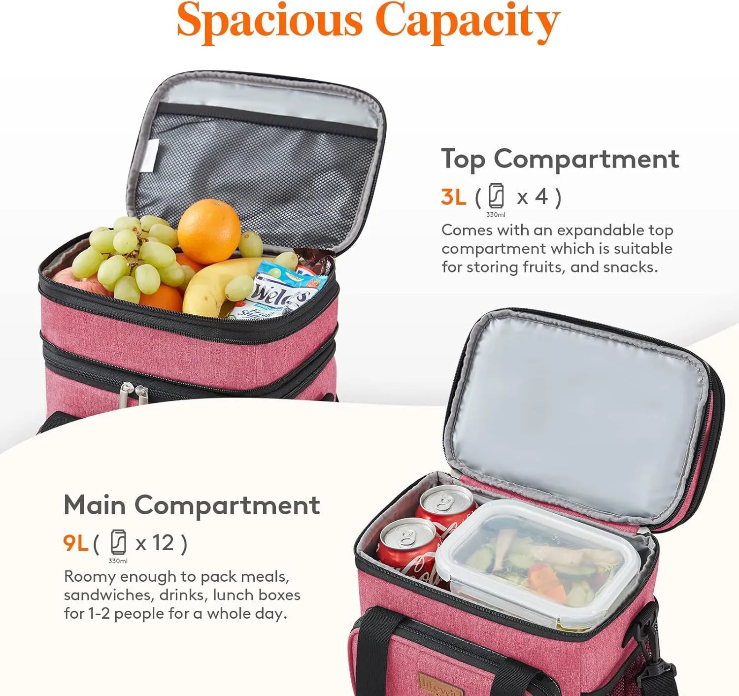 Lifewit Lunch Box for Men Women Double Deck Lunch Bag, Large Insulated Soft Cooler Bag, Leakproof Soft Meal Prep Lunch Tote with Shoulder Strap for Adults for Work/Flight/Travel, 12L/16Can, Pink