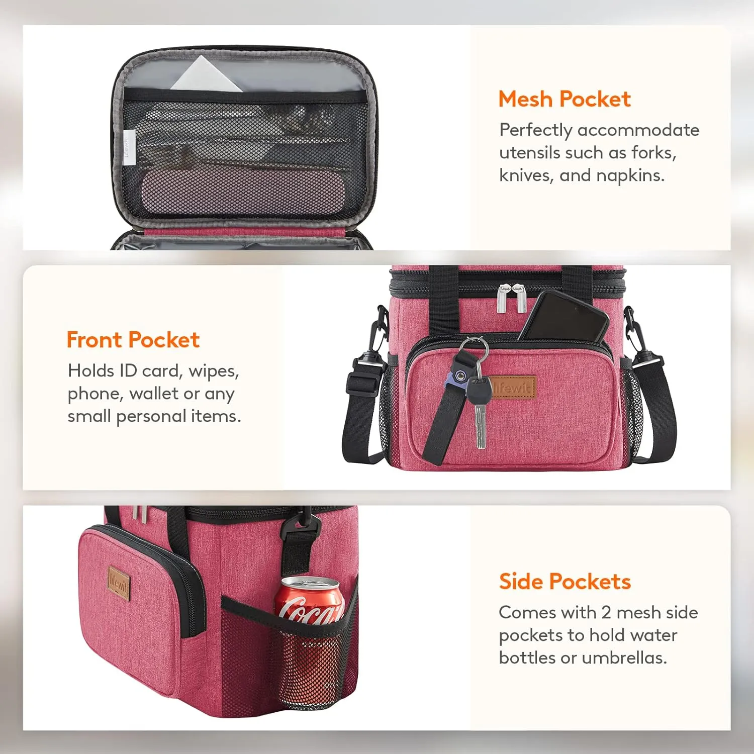 Lifewit Lunch Box for Men Women Double Deck Lunch Bag, Large Insulated Soft Cooler Bag, Leakproof Soft Meal Prep Lunch Tote with Shoulder Strap for Adults for Work/Flight/Travel, 12L/16Can, Pink