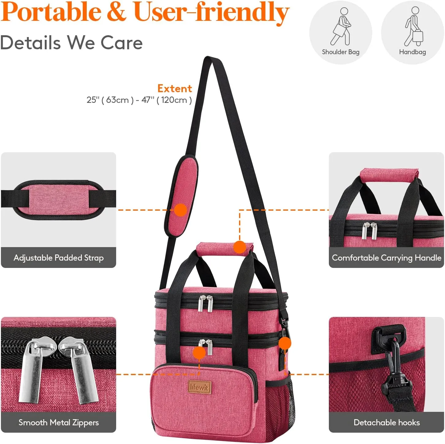Lifewit Lunch Box for Men Women Double Deck Lunch Bag, Large Insulated Soft Cooler Bag, Leakproof Soft Meal Prep Lunch Tote with Shoulder Strap for Adults for Work/Flight/Travel, 12L/16Can, Pink