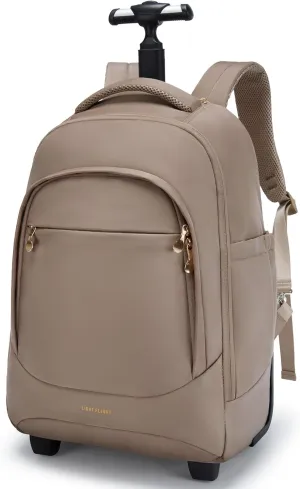 LIGHT FLIGHT Rolling Travel Backpack, Water-Resistant Travel Laptop Backpacks with Wheels for Adults, 17 Inch Large Roller College Backpack Luggage Carry on, Champagne