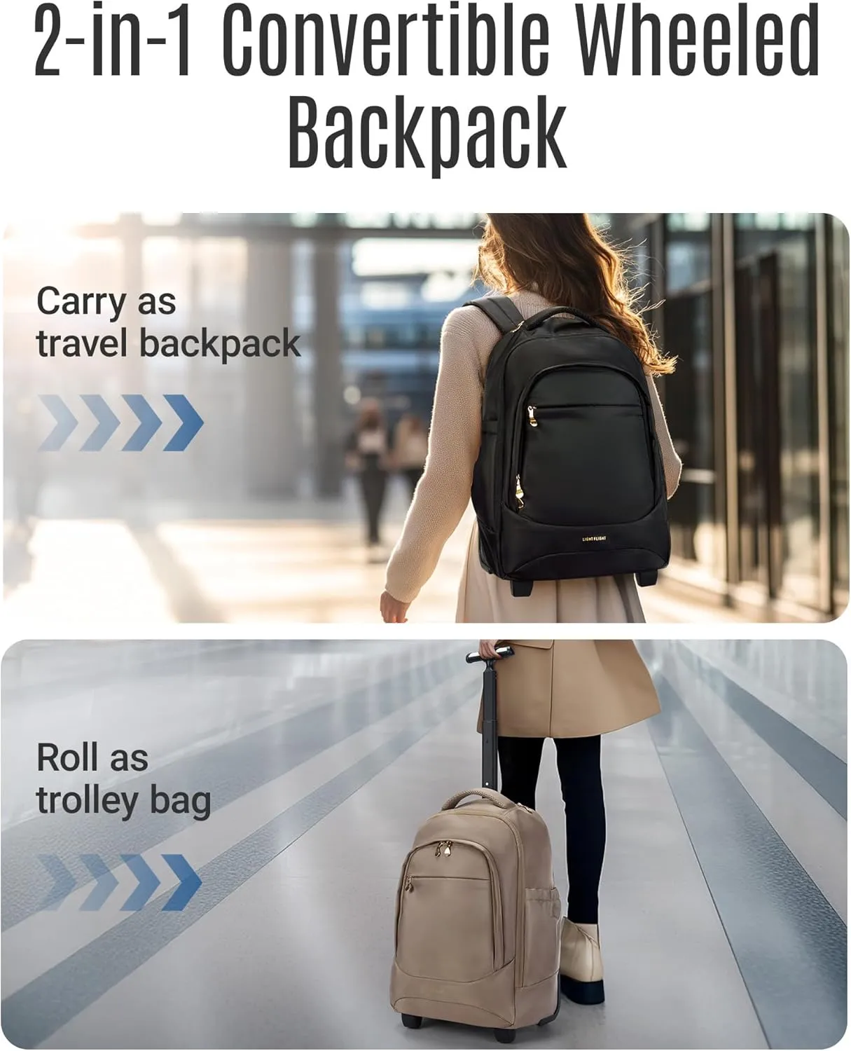LIGHT FLIGHT Rolling Travel Backpack, Water-Resistant Travel Laptop Backpacks with Wheels for Adults, 17 Inch Large Roller College Backpack Luggage Carry on, Champagne