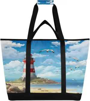 Lighthouse Reusable Insulated Lunchbox Cooler Bag, Leakproof Kitchen Grocery Bag Collapsible Portable Cooler Tote Bag for Picnic, Camping, Office, Travel