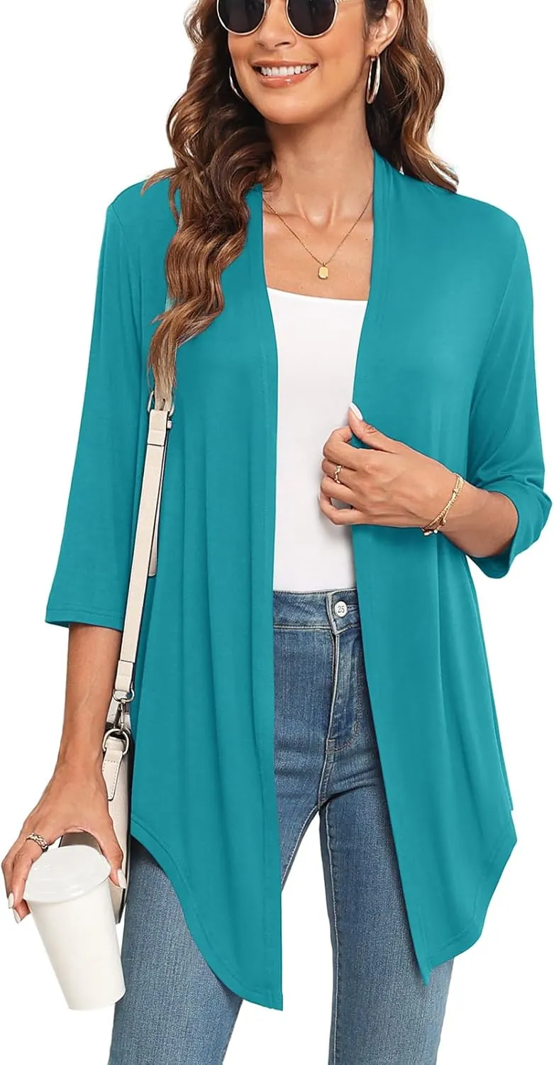 Lightweight Summer 3/4 Sleeve Cardigan for Women Trendy Casual Draped Tie Front Cardigans Fall Shrugs High Low Hem