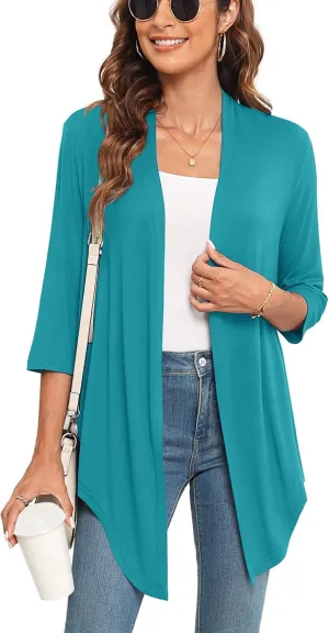 Lightweight Summer 3/4 Sleeve Cardigan for Women Trendy Casual Draped Tie Front Cardigans Fall Shrugs High Low Hem