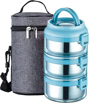 Lille Home 75OZ Stainless Steel Stackable Compartment Lunch/Snack Box, 3-Tier Bento/Food Container with Lunch Bag, Leakproof, Smart Diet, Weight Control (Blue)