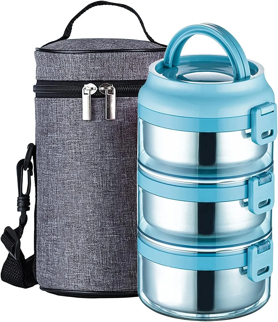 Lille Home 75OZ Stainless Steel Stackable Compartment Lunch/Snack Box, 3-Tier Bento/Food Container with Lunch Bag, Leakproof, Smart Diet, Weight Control (Blue)