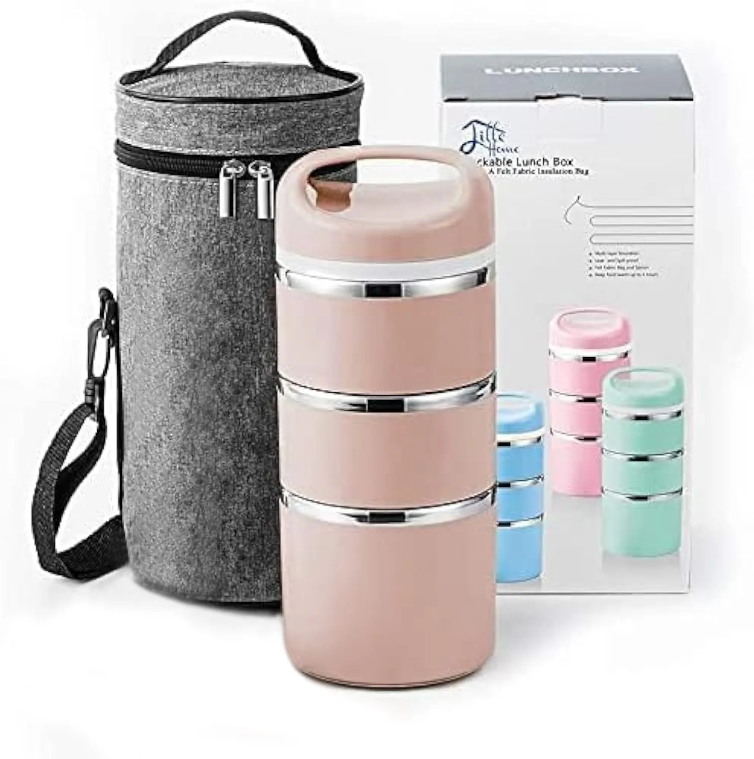 Lille Home Stackable Stainless Steel Thermal Compartment Lunch/Snack Box, 3-Tier Insulated Bento/Food Container with Lunch Bag, and Three Extra Seals, 43OZ (Gold)