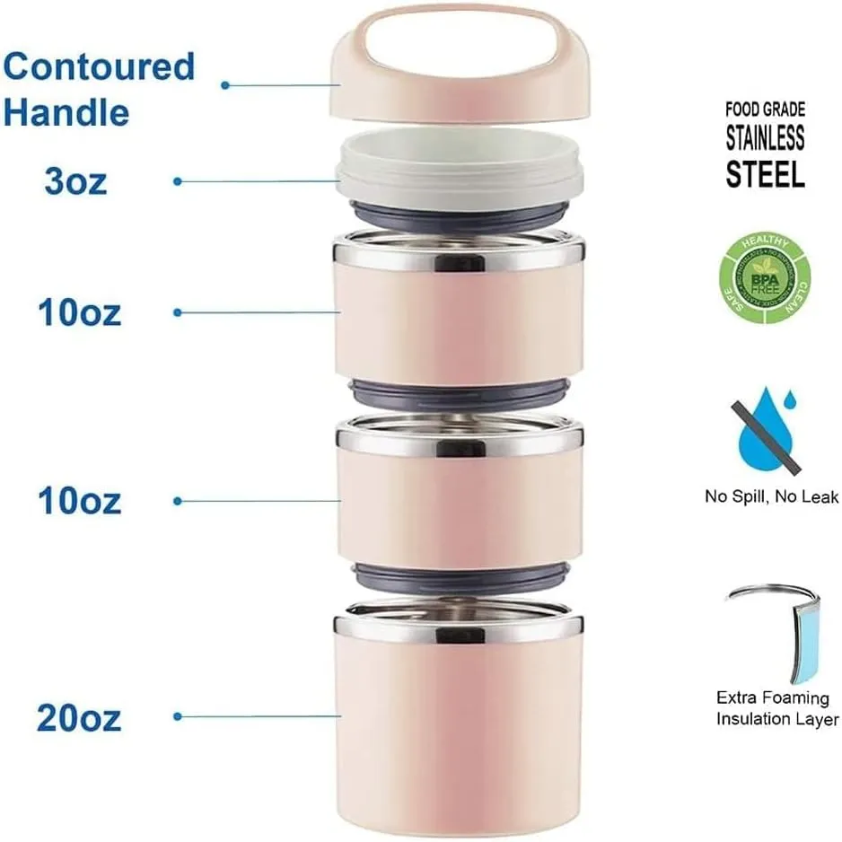 Lille Home Stackable Stainless Steel Thermal Compartment Lunch/Snack Box, 3-Tier Insulated Bento/Food Container with Lunch Bag, and Three Extra Seals, 43OZ (Gold)