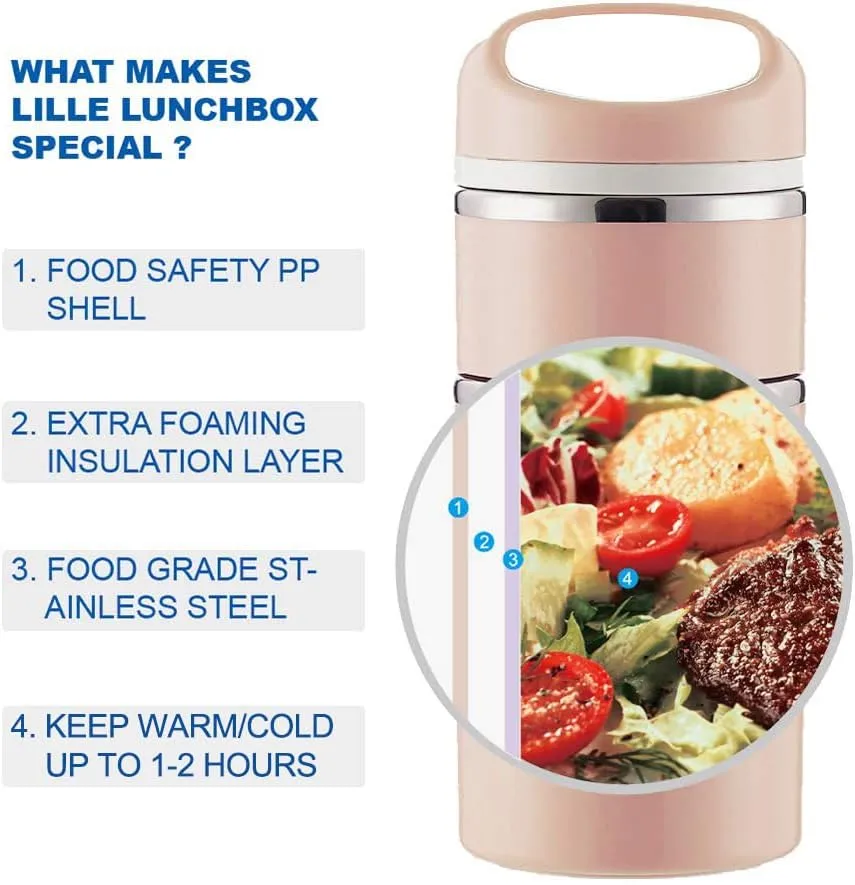 Lille Home Stackable Stainless Steel Thermal Compartment Lunch/Snack Box, 3-Tier Insulated Bento/Food Container with Lunch Bag, and Three Extra Seals, 43OZ (Gold)