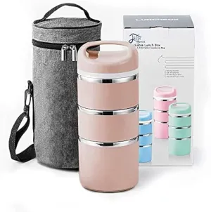 Lille Home Stackable Stainless Steel Thermal Compartment Lunch/Snack Box, 3-Tier Insulated Bento/Food Container with Lunch Bag, and Three Extra Seals, 43OZ (Gold)