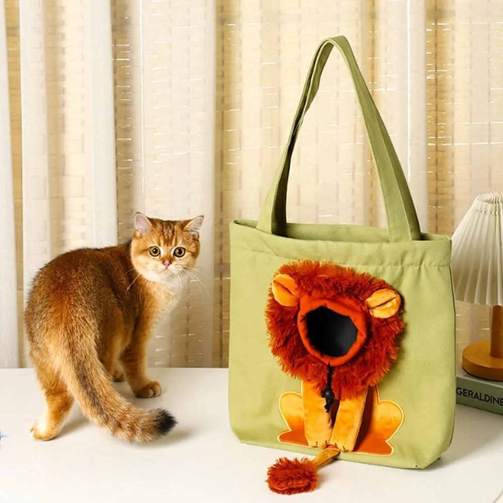 Lion Shape Pet Canvas Shoulder Bag with Head Hole Cat Carrier Bag for Small Dog Tote Portable Carrying Breathable Pet Tote Bag for Small Cats and Dogs(Light Green,Large)