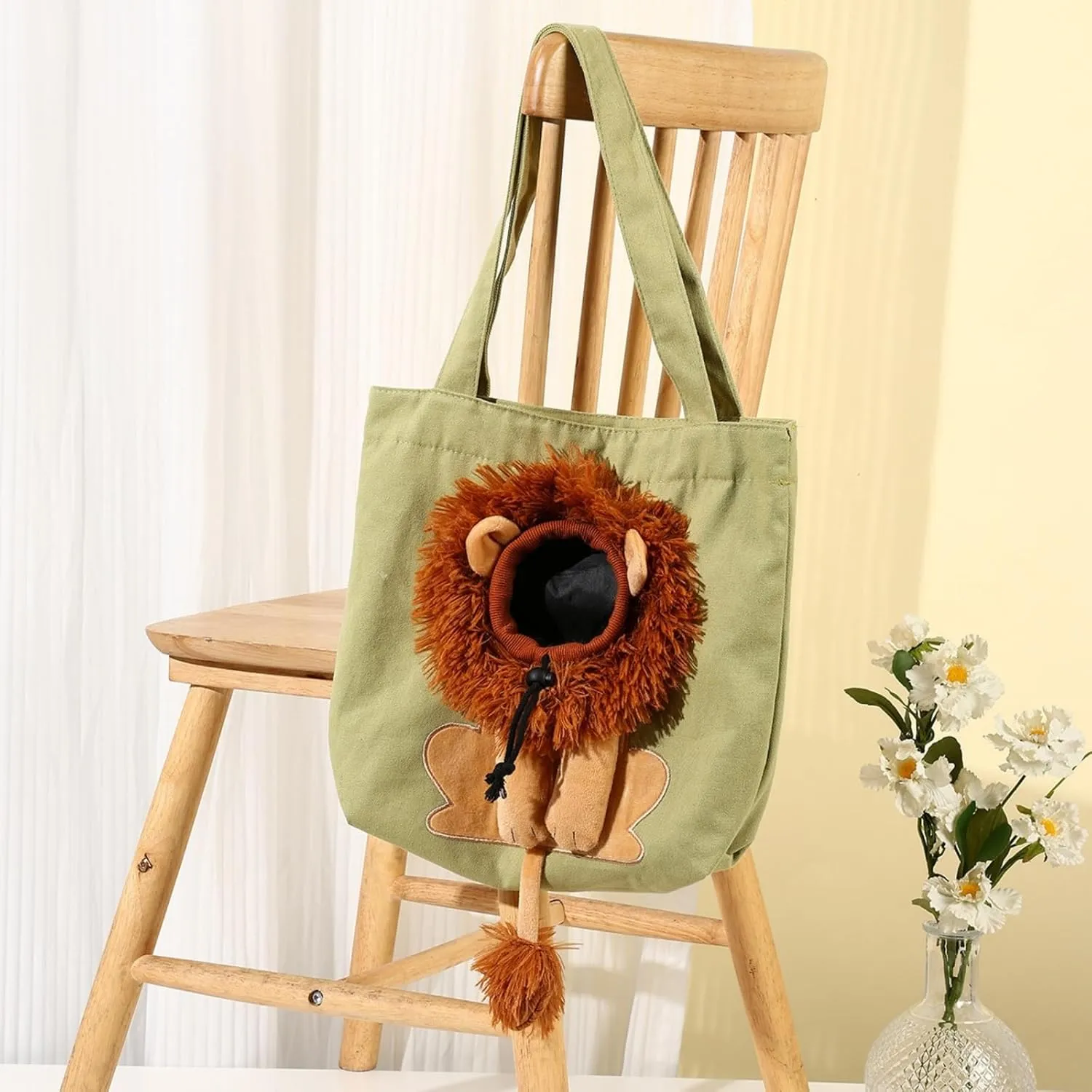 Lion Shape Pet Canvas Shoulder Bag with Head Hole Cat Carrier Bag for Small Dog Tote Portable Carrying Breathable Pet Tote Bag for Small Cats and Dogs(Light Green,Large)