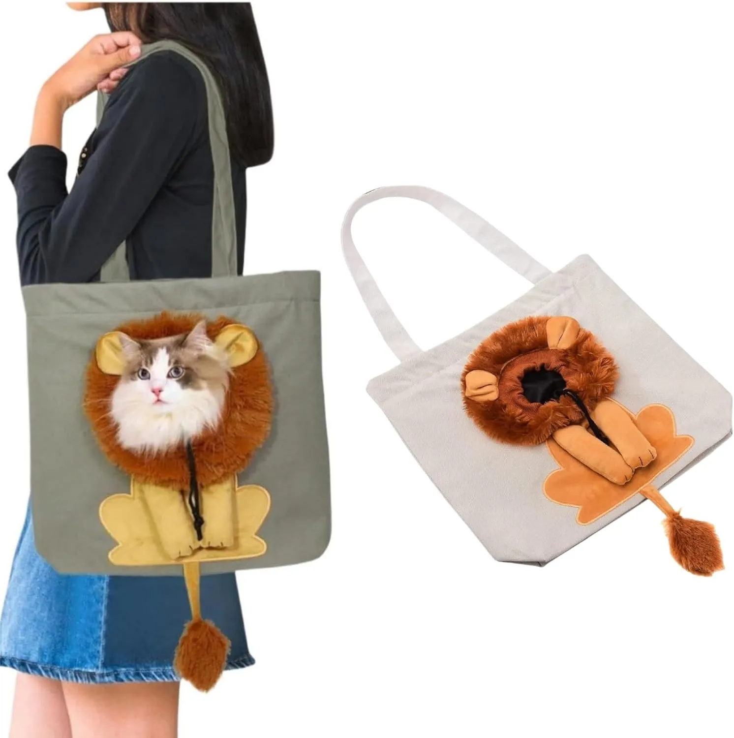 Lion Shape Pet Canvas Shoulder Bag with Head Hole Cat Carrier Bag for Small Dog Tote Portable Carrying Breathable Pet Tote Bag for Small Cats and Dogs(Light Green,Large)
