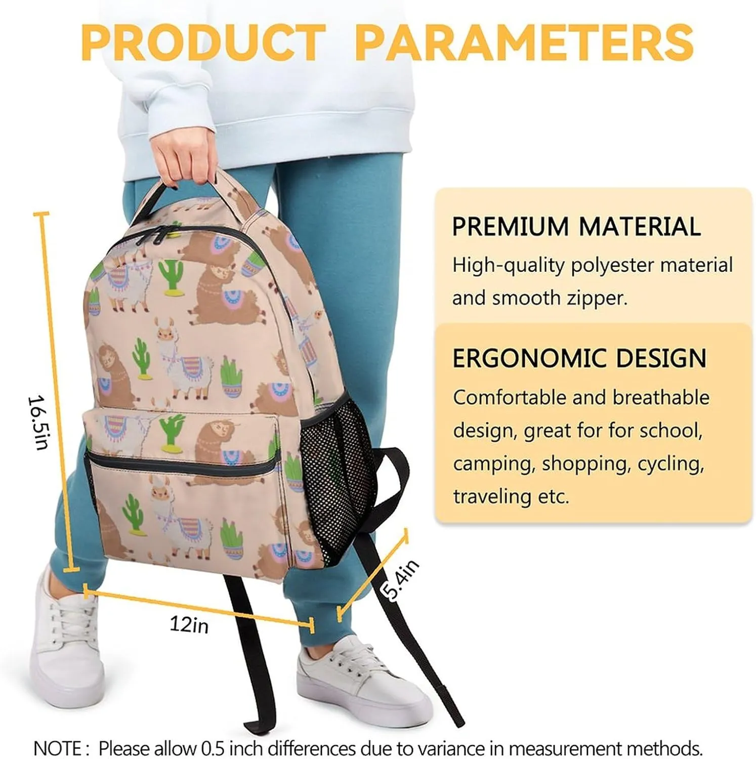 Llama Backpacks for Girls Boys, 16 Inch Cute Backpack for School, Yellow, Large Capacity, Durable, Lightweight Bookbag for Kids Travel