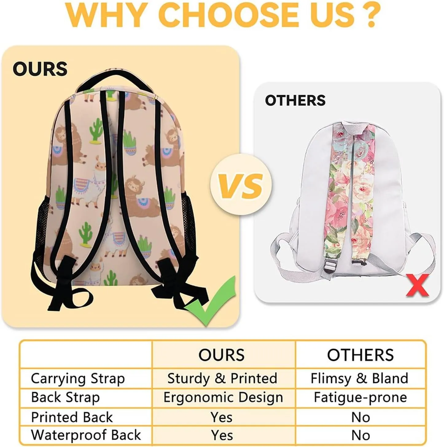 Llama Backpacks for Girls Boys, 16 Inch Cute Backpack for School, Yellow, Large Capacity, Durable, Lightweight Bookbag for Kids Travel