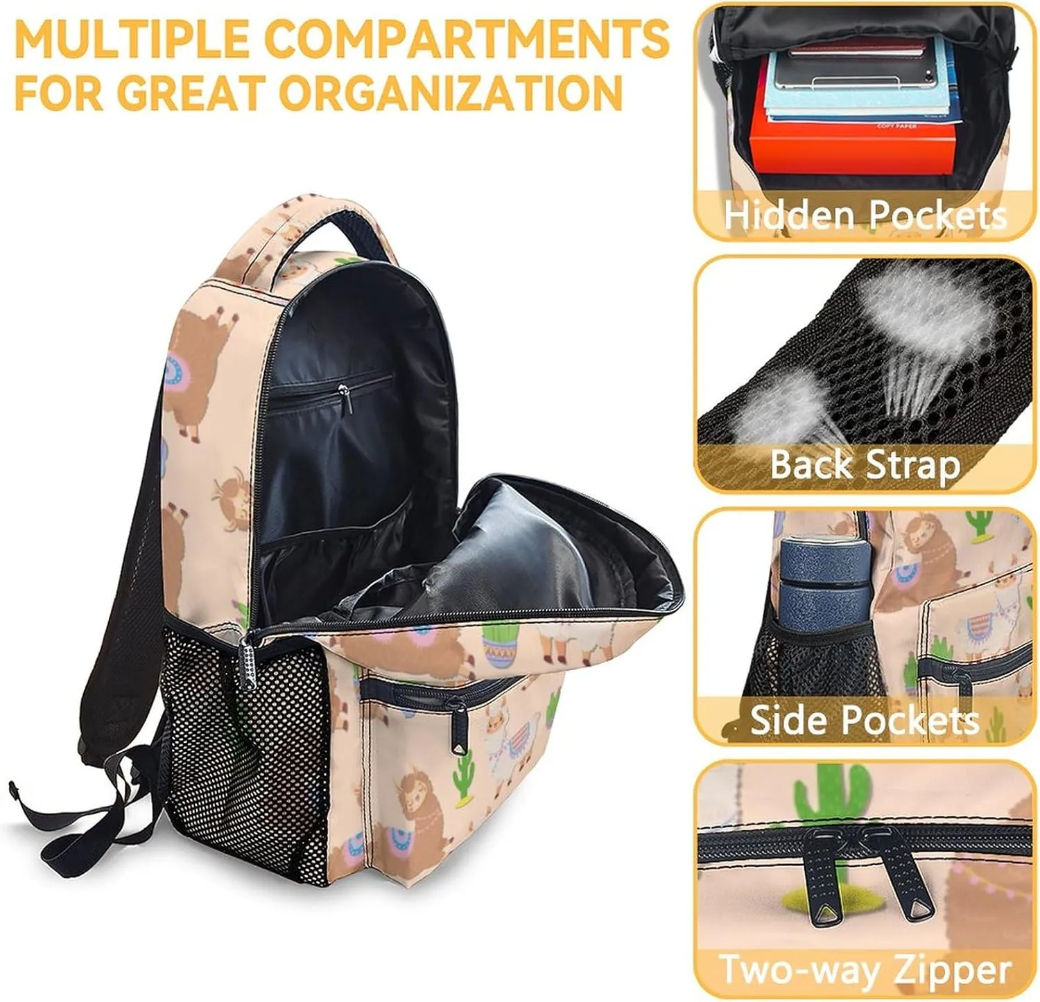 Llama Backpacks for Girls Boys, 16 Inch Cute Backpack for School, Yellow, Large Capacity, Durable, Lightweight Bookbag for Kids Travel