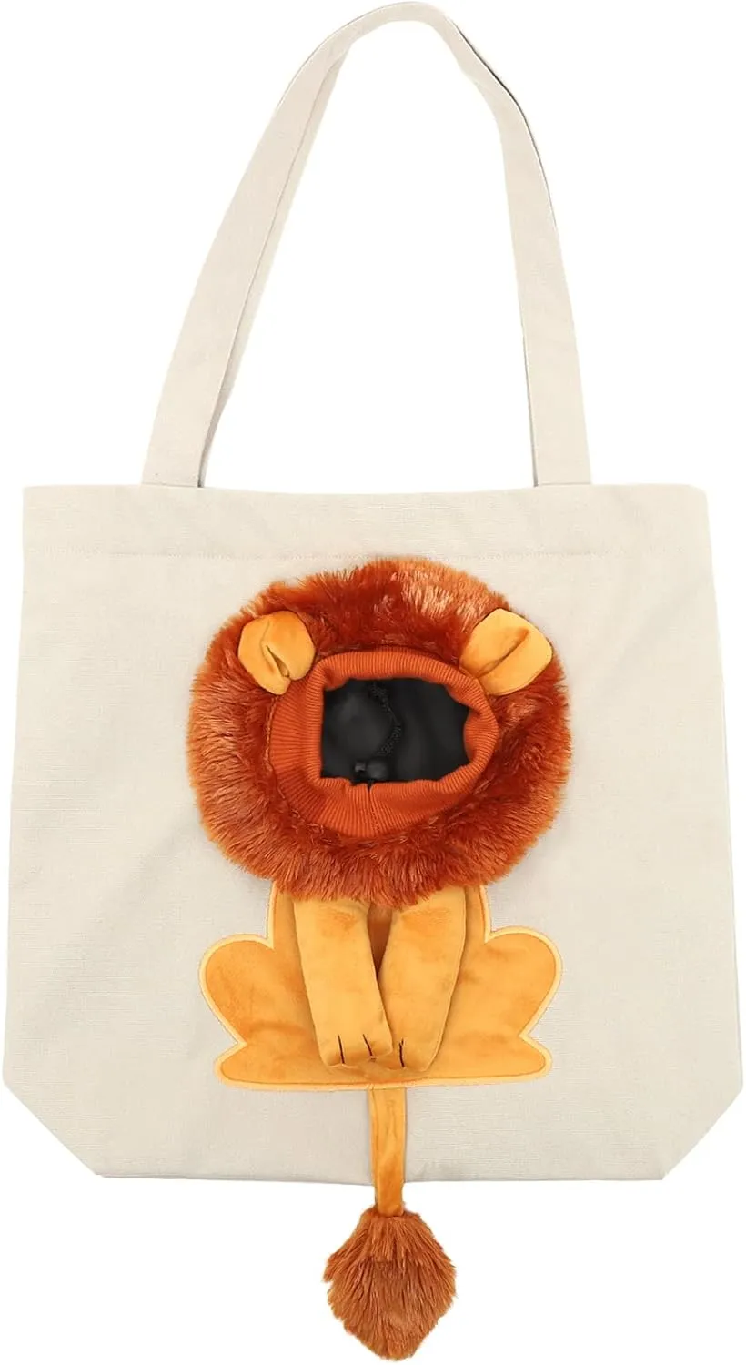LOGOFUN Pet Canvas Shoulder Bag Cute Lion-Shaped Small Dog Carrier Portable Pet Canvas Carrying Bag for Small Dogs and Cats (Light Grey-Large)