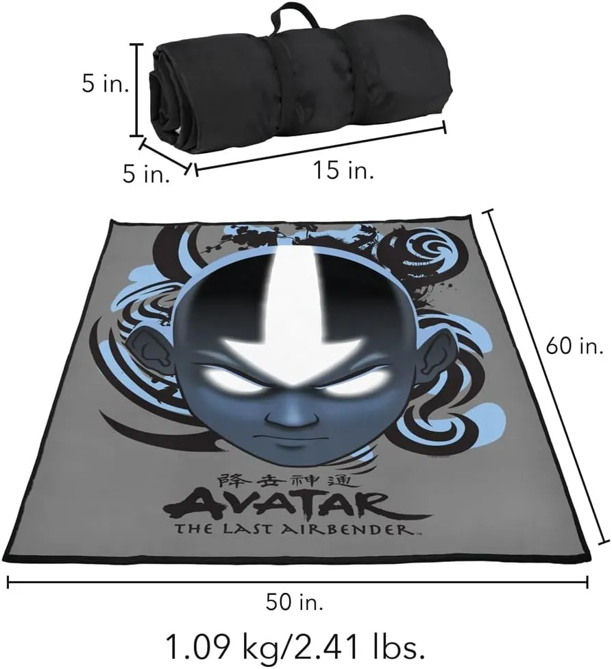 LOGOVISION Avatar The Last Airbender Picnic Outdoor Blanket, 50"x60" Airbender Blue and Black Kanji, Foldable Blanket for Picnic, Beach, Camping, Park, Tailgate