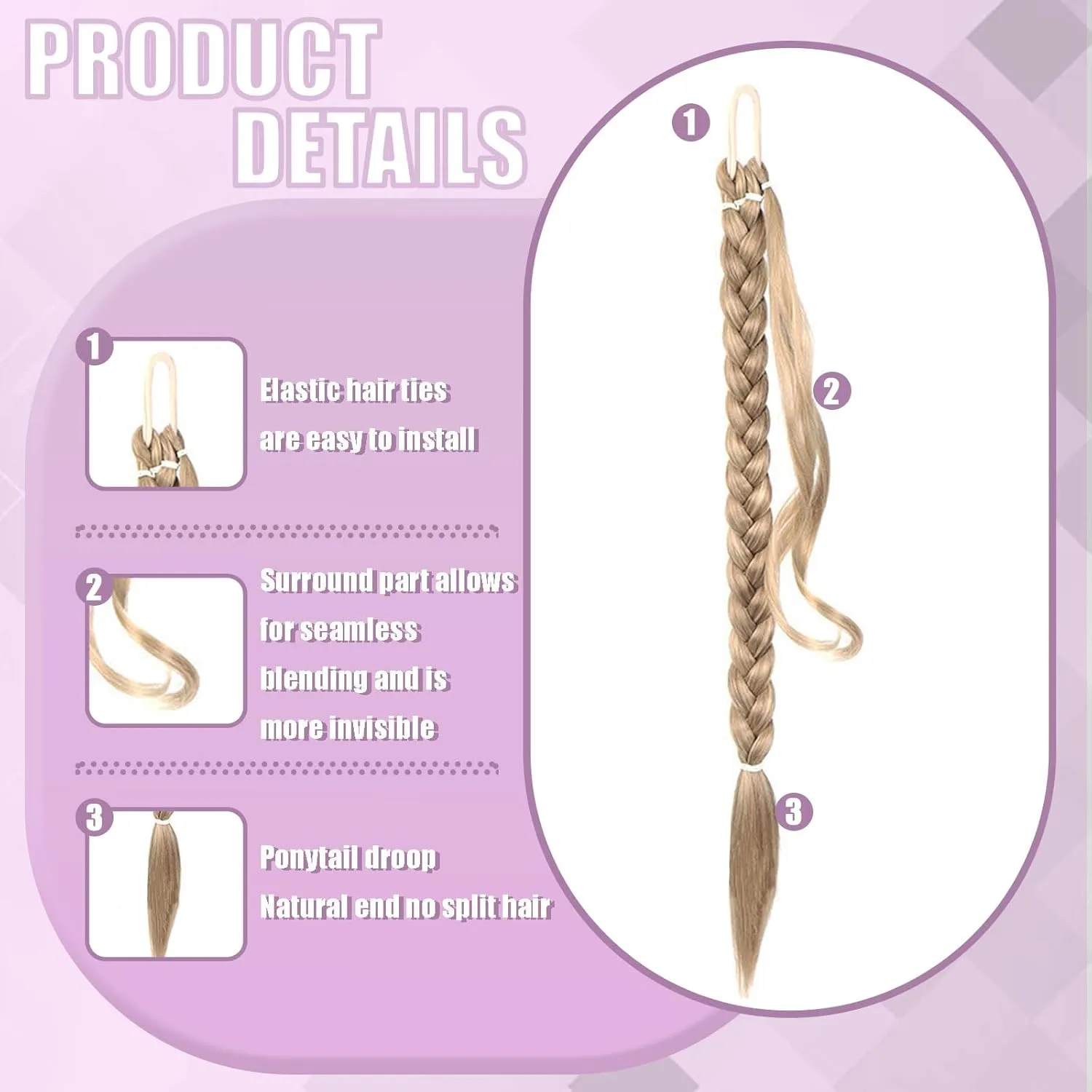 Long Braided Ponytail Extensions with Elastic Hair Tie Straight Wrap with Braid Pony Tails Pieces Natural Soft Synthetic Ponytail Extensions for Women（Light Blonde）