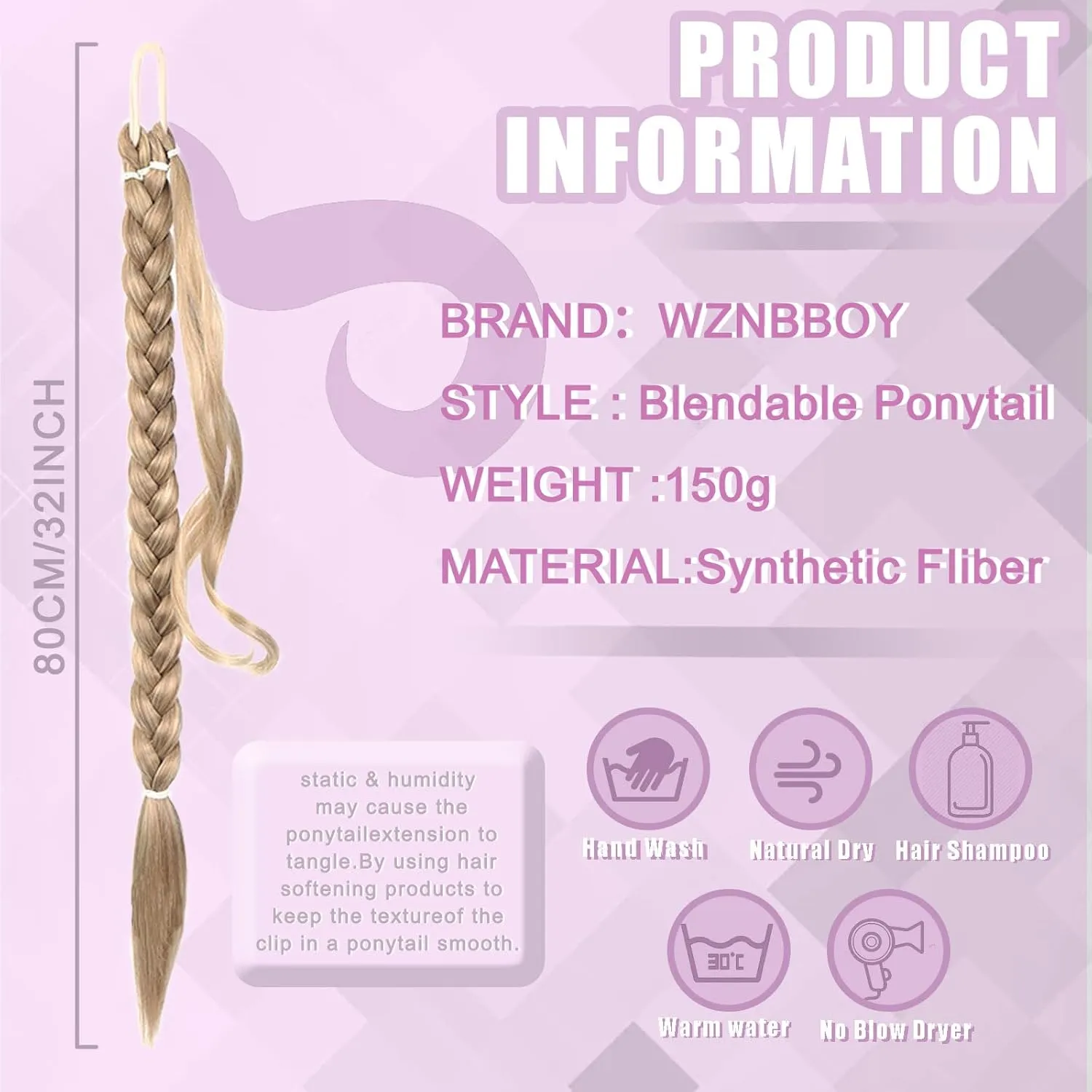 Long Braided Ponytail Extensions with Elastic Hair Tie Straight Wrap with Braid Pony Tails Pieces Natural Soft Synthetic Ponytail Extensions for Women（Light Blonde）